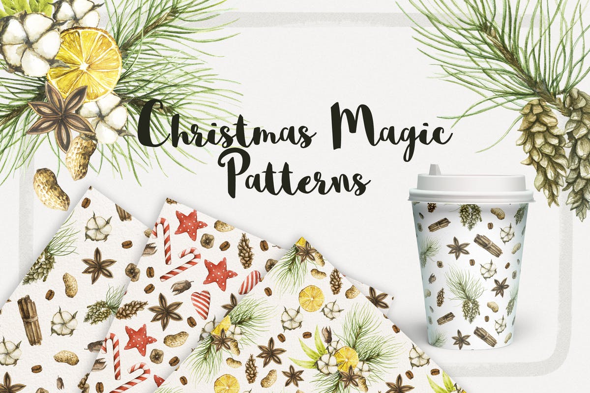 圣诞主题魔法水彩无缝图案背景素材 Watercolor Christmas Magic Patterns插图