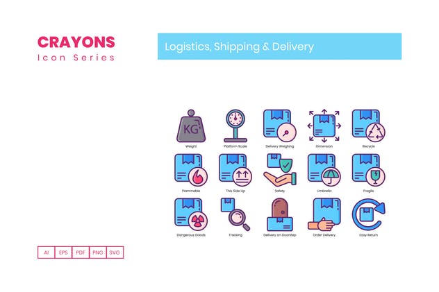 65枚蜡笔手绘物流与航运主题图标 65 Logistics & Shipping Icons | Crayons Series插图(2)