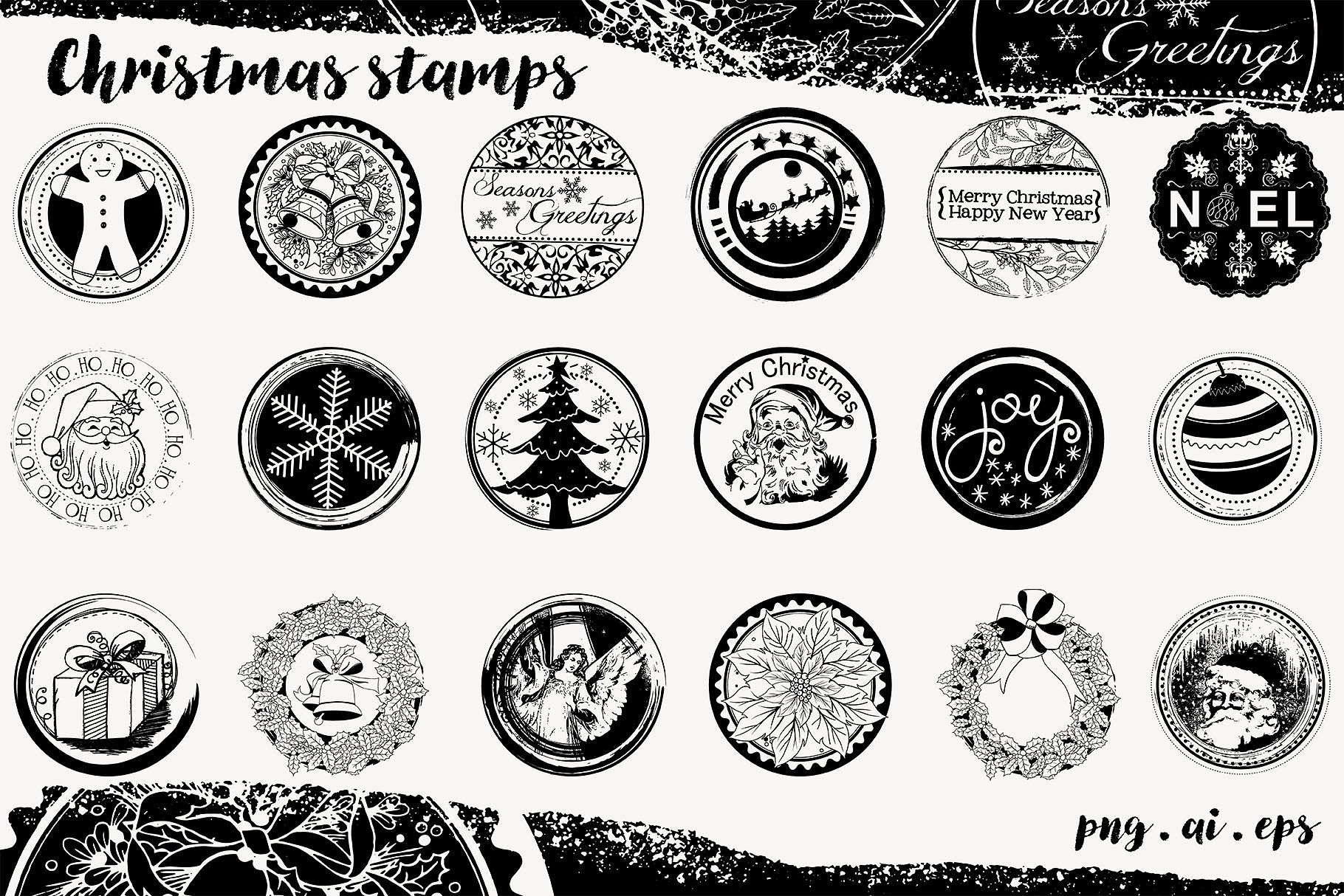 圣诞节日主题封条数码印章设计 Christmas Seals Digital Stamp Set插图