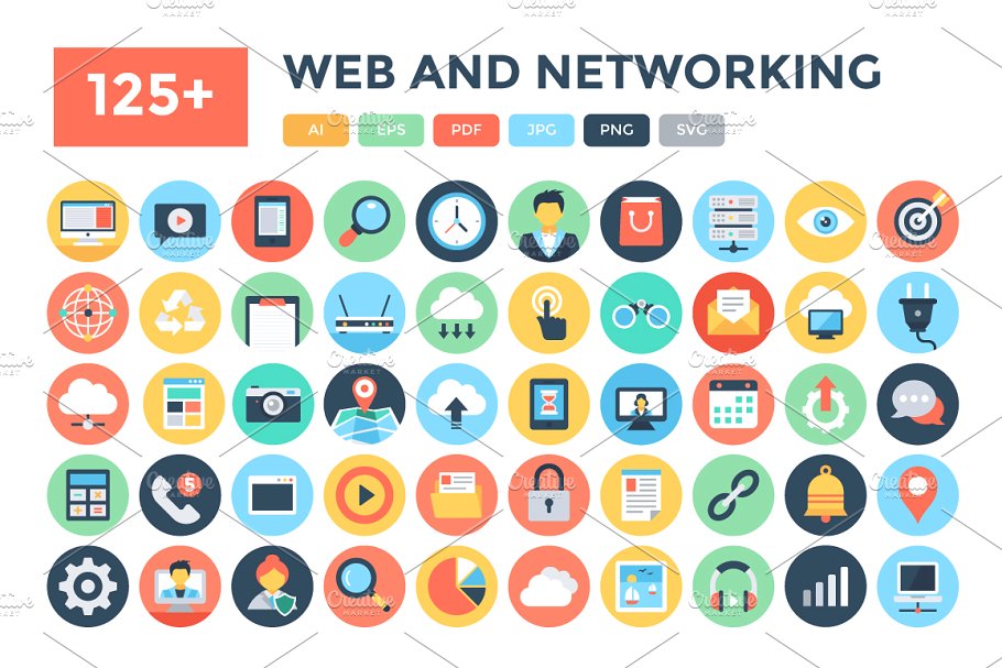 125+扁平网页和网络图标集  125+ Flat Web and Networking Icons插图