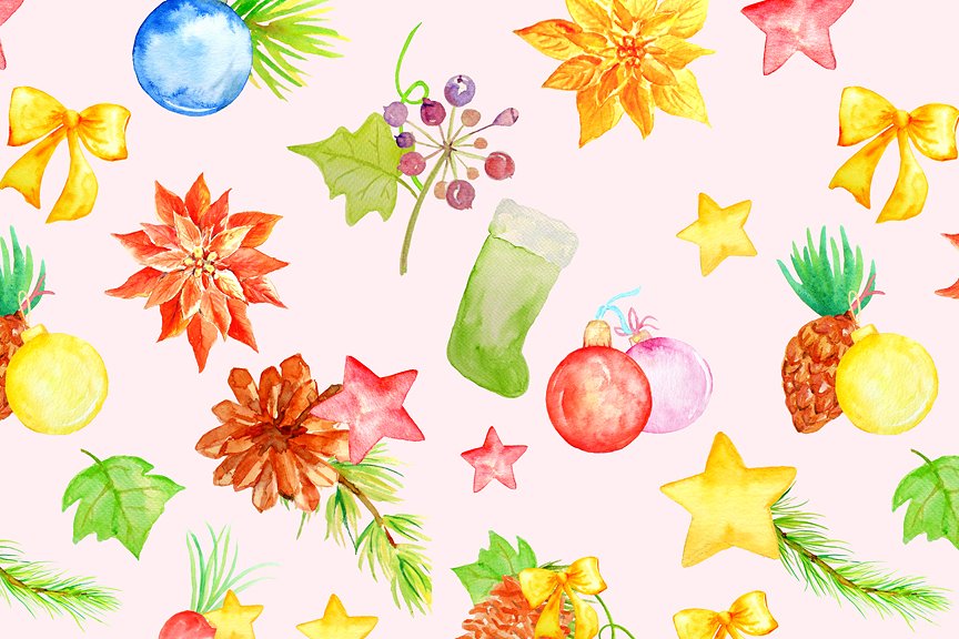 圣诞节主题水彩图案花纹素材 Watercolor Christmas Pattern Pink插图(3)