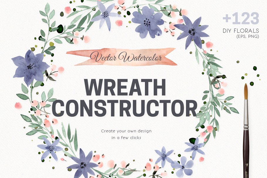 水彩花卉插画DIY设计套件 Watercolor Vector Wreath Constructor插图