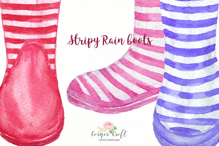 水彩条纹雨靴剪切画&水彩花卉 Watercolor Stripe Rain Boots插图4