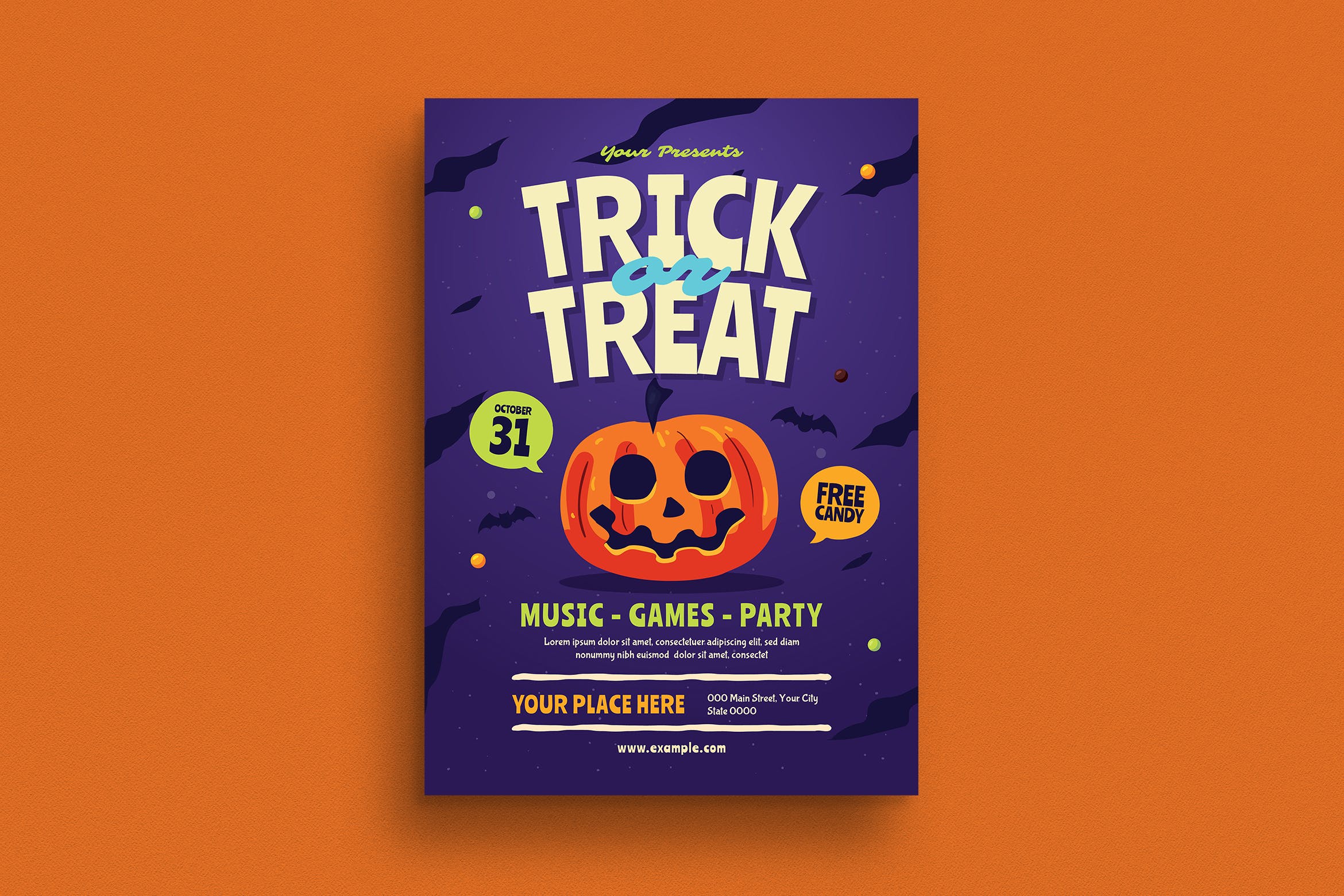 万圣节不给糖就捣乱主题活动海报传单设计模板 Halloween Trick or Treat Event Flyer插图