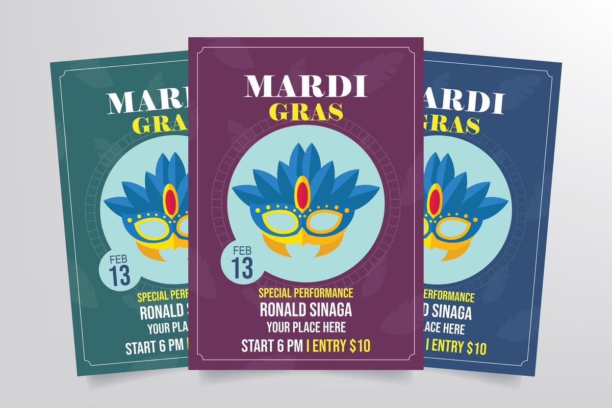 蒙面狂欢节活动海报设计模板 Mardi Gras Flyer Template Vol. 2插图