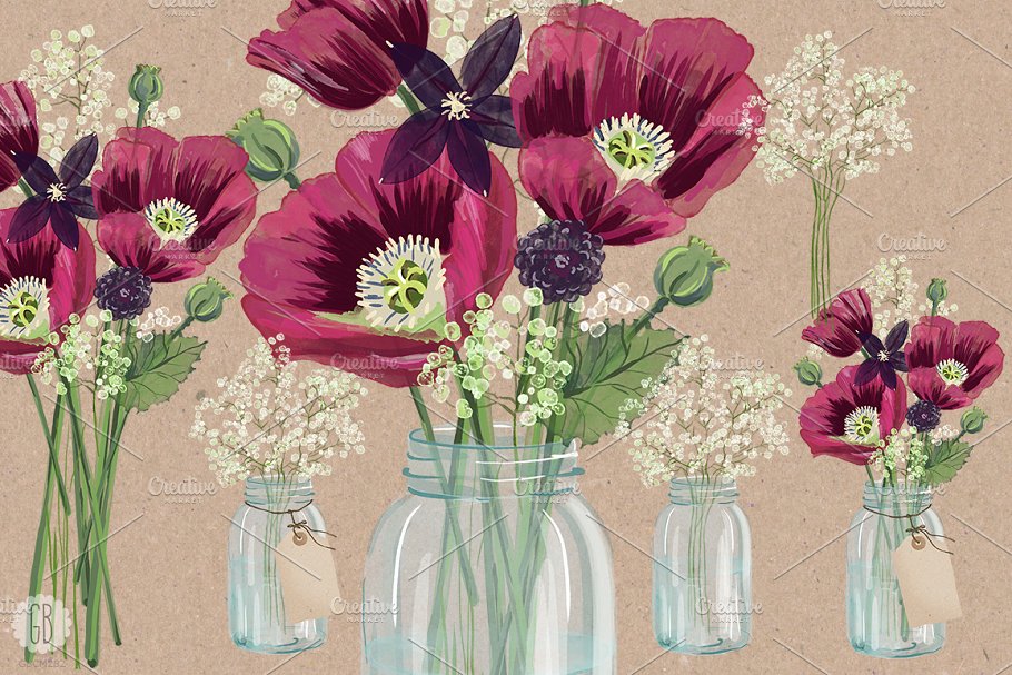 手绘水彩罂粟花元素插画素材 Watercolor burgundy poppies in a jar插图1