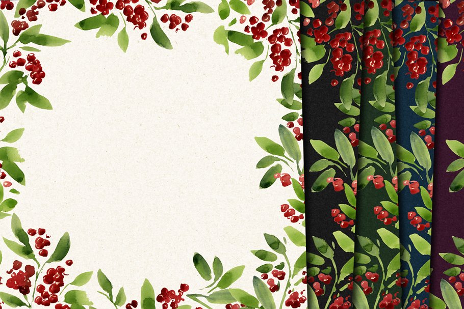 圣诞主题水彩植物花卉图案纹理 Watercolor pattern,christmas插图3