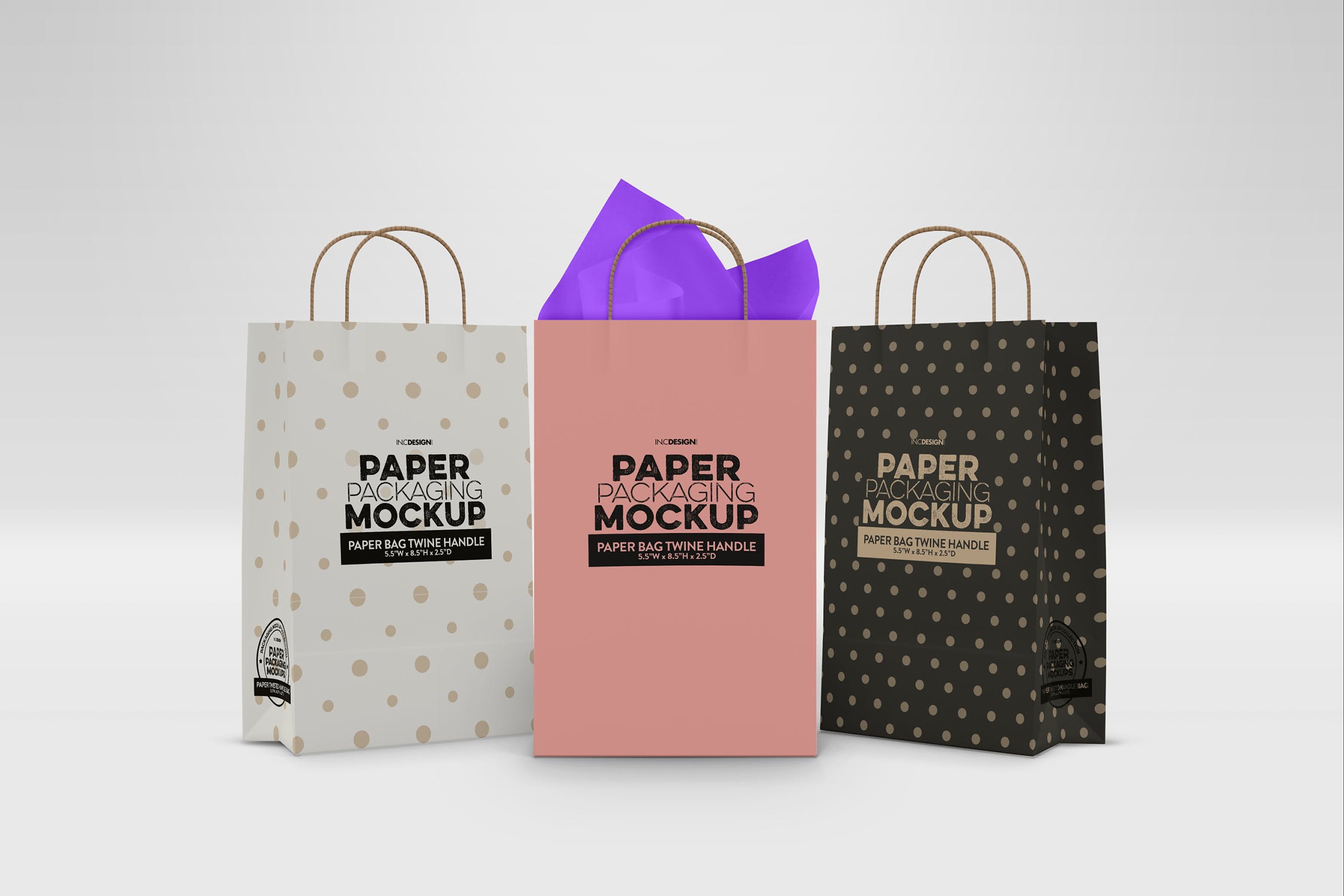 购物纸袋设计图片预览样机模板 Paper Bags Twine Handles Packaging Mockup插图(3)