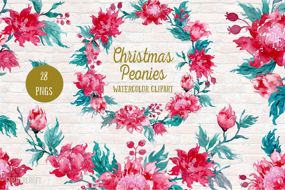 手绘圣诞深红配色牡丹水彩剪贴画 Watercolor Christmas Peonies插图