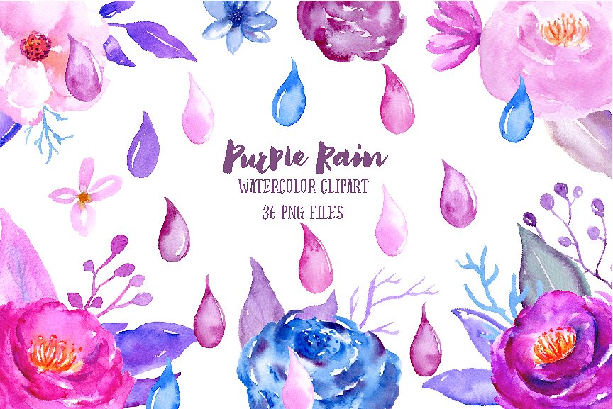 紫色水彩雨滴花瓣花卉装饰剪贴画 Watercolor Purple Rain插图