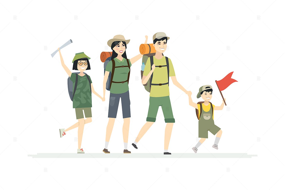 户外远足场景卡通人物矢量图形 Family goes hiking – cartoon people characters插图