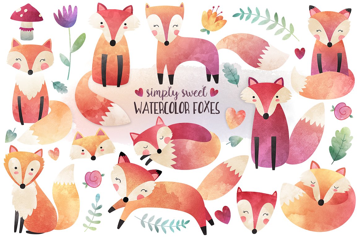 可爱水彩狐狸林地设计元素 Watercolor Fox Clipart Bundle插图