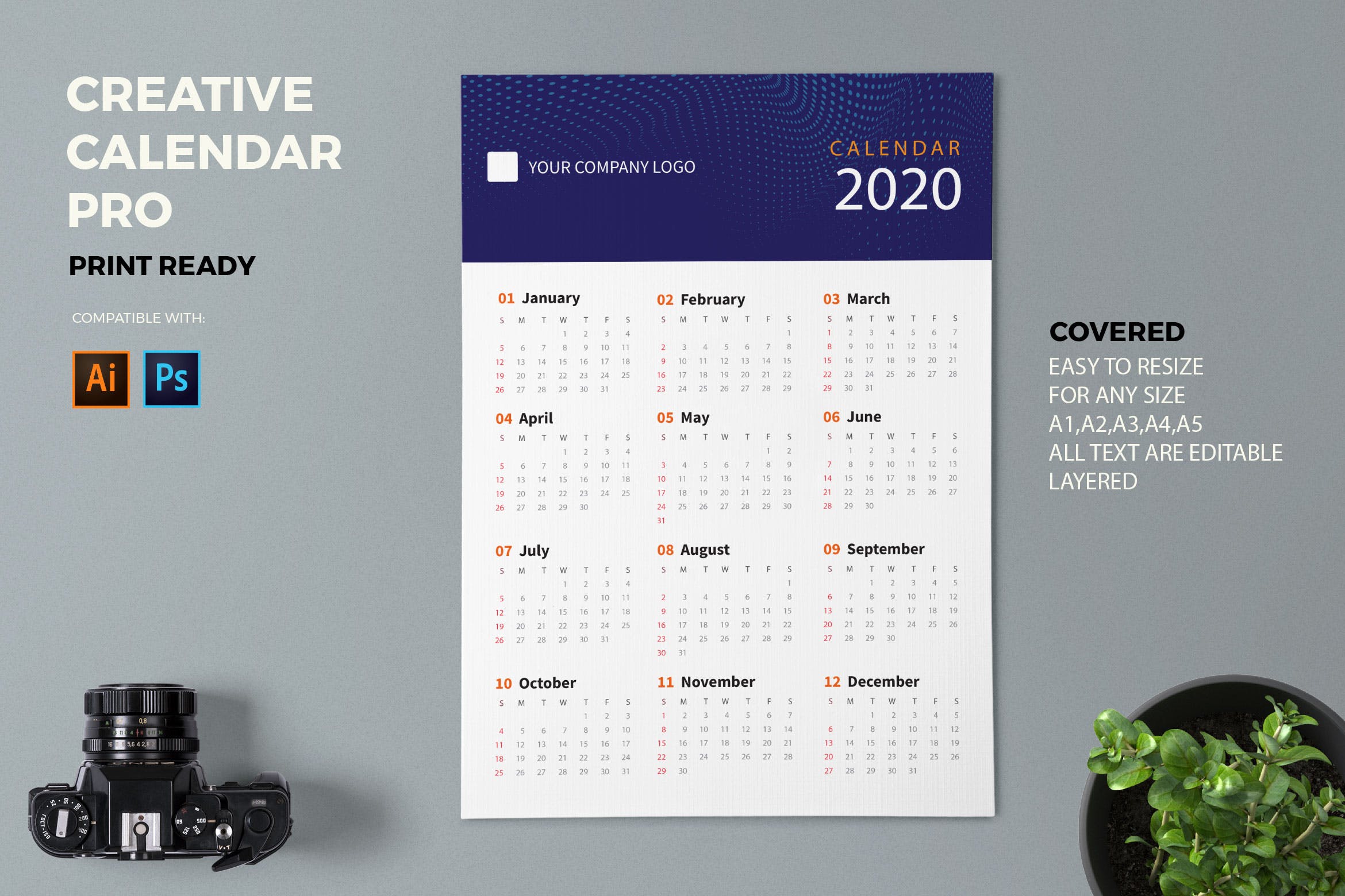 等距圆点波浪几何图形2020创意日历年历设计模板 Creative Calendar Pro 2020插图