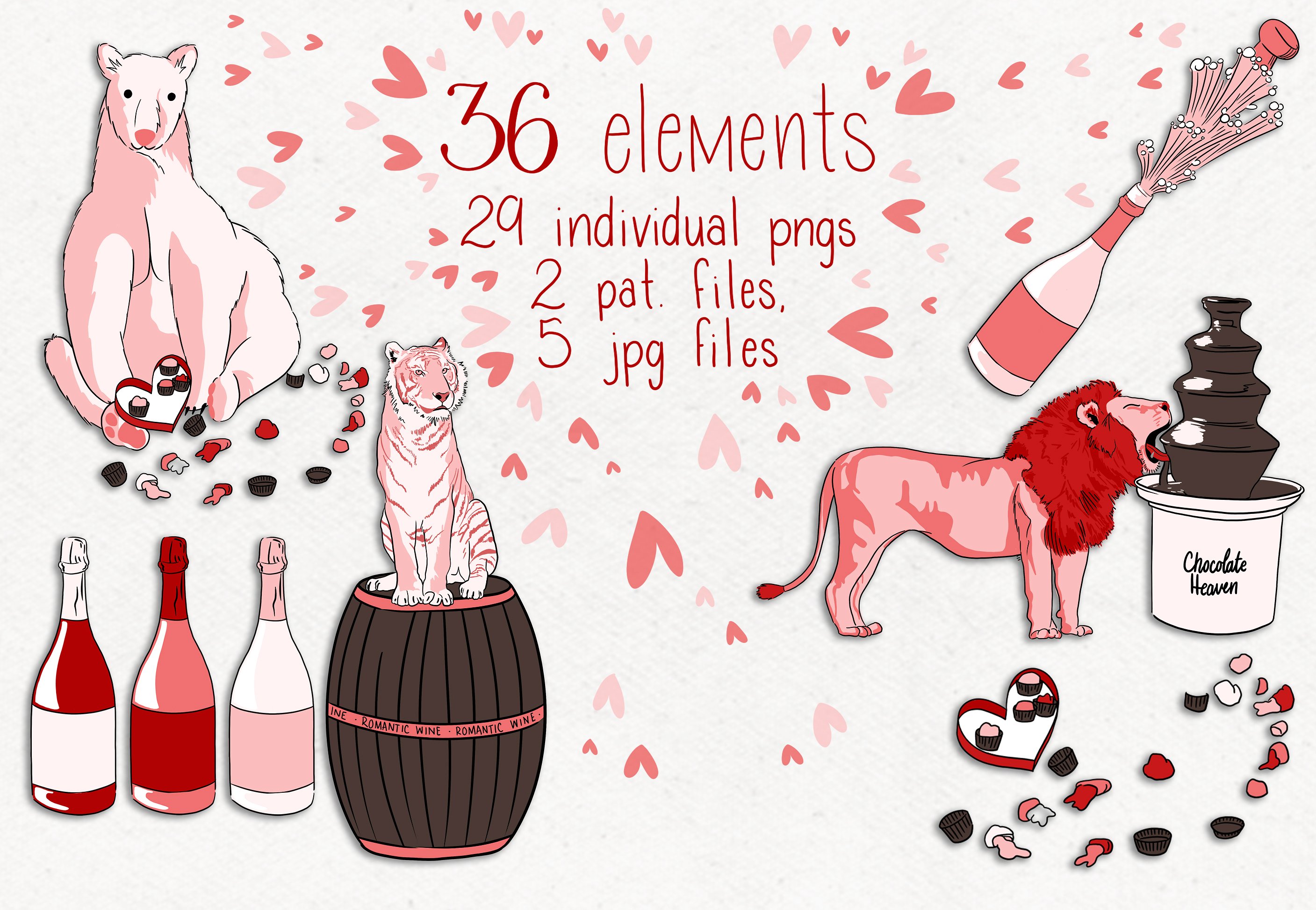 手绘风格的粉色野生动物情人节素材插图2