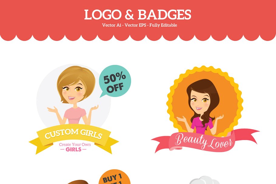 卡通女孩形象Logo徽标设计素材包 Custom Girls – Logo & Badges Creator插图2