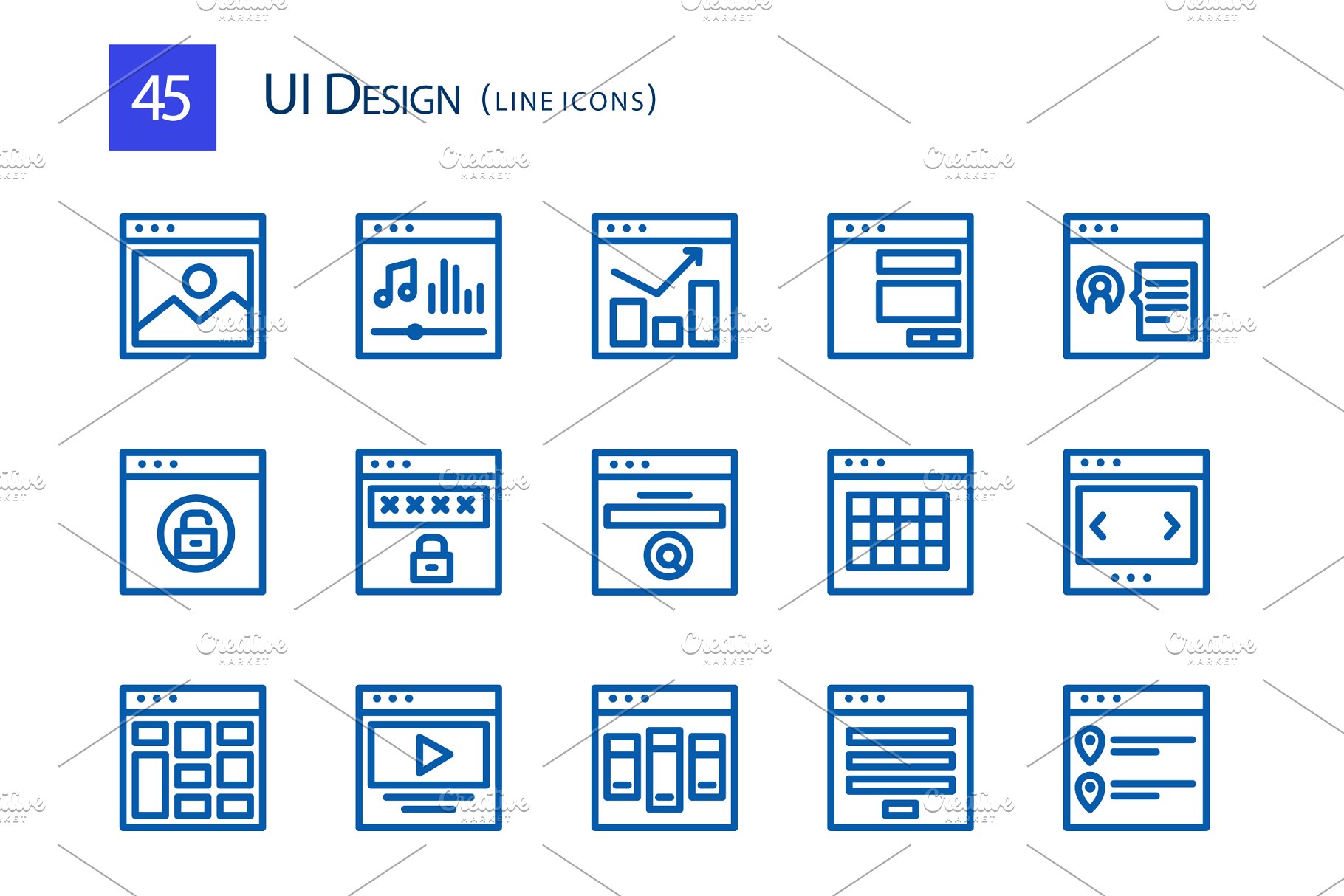 45个用户界面UI套件线条设计图标 45 UI Design Line Icons插图(2)