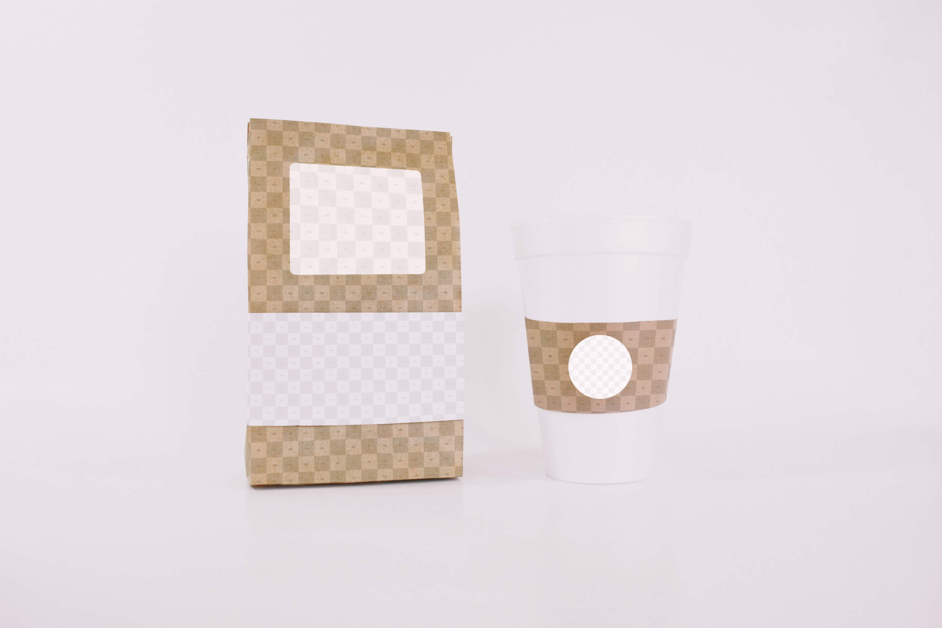 咖啡豆包装纸袋和咖啡纸杯设计样机模板素材 Coffee Bag and Cup Mockup插图(1)