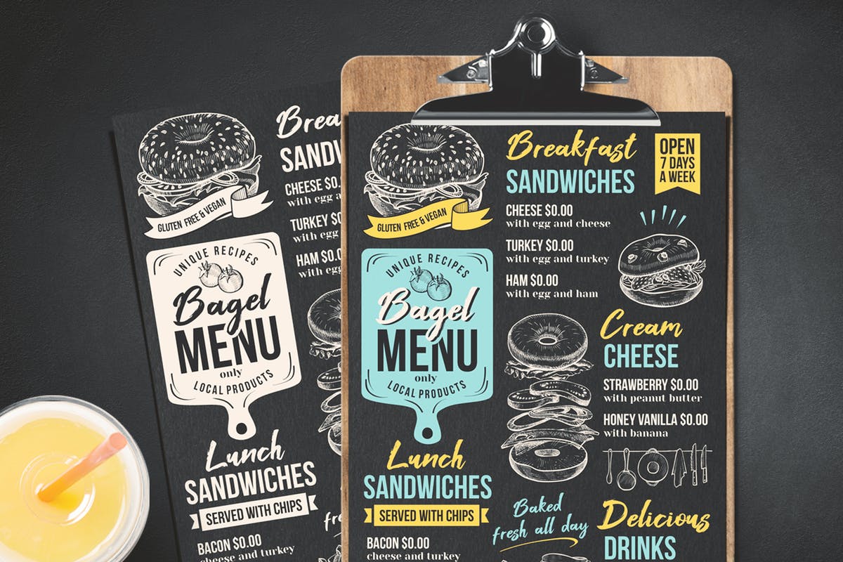 百吉饼三明治西式快餐食品菜单模板 Bagel Sandwich Menu插图