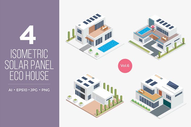 太阳能发电楼房场景2.5D等距概念插画v6 Isometric Solar Panel Eco House Vector Set 6插图1