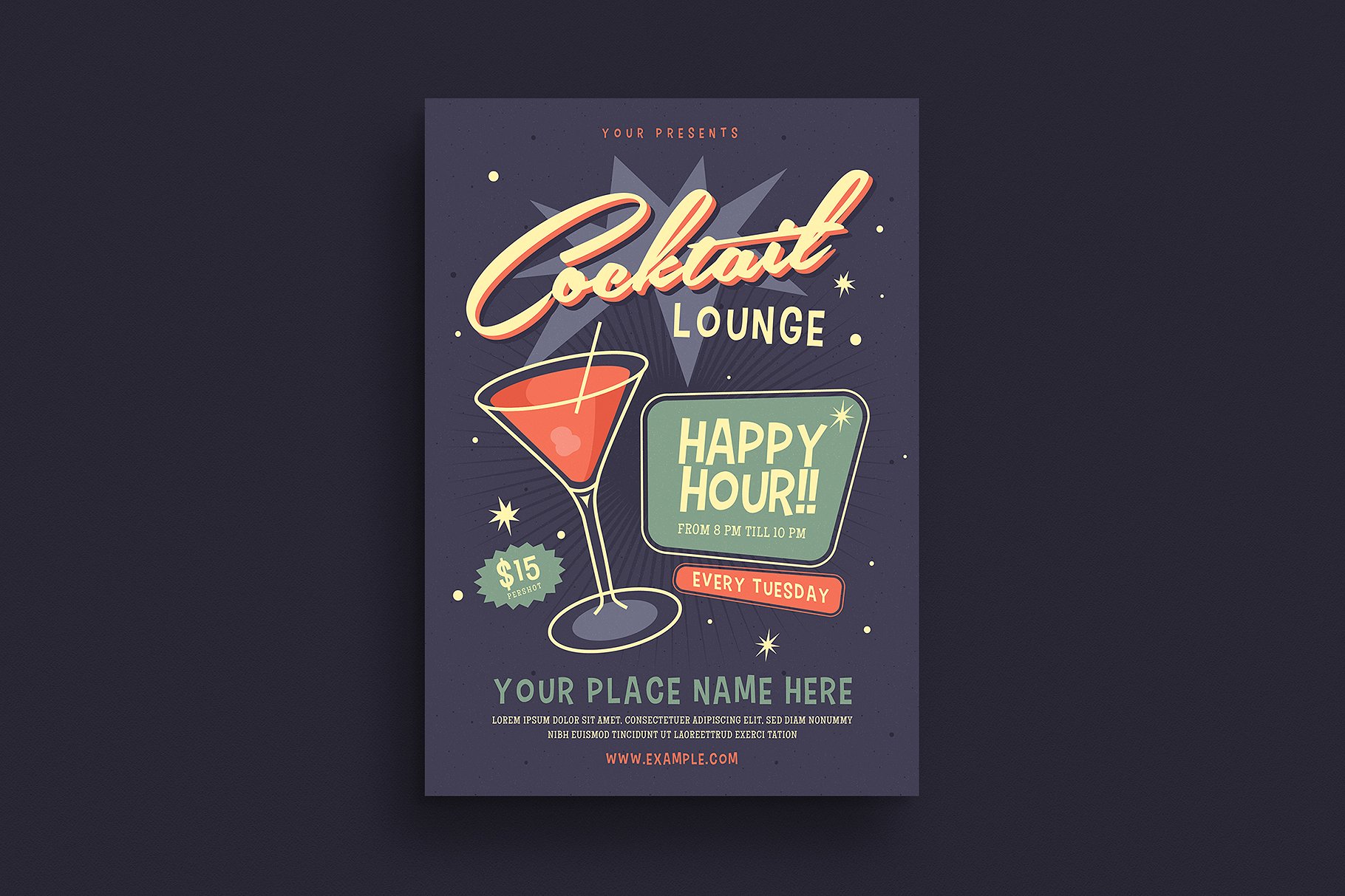 复古设计风格鸡尾酒酒会活动海报设计模板 Retro Cocktail Event Flyer插图