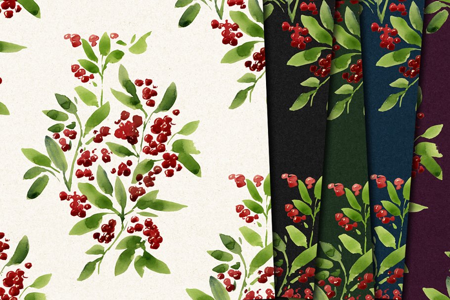 圣诞主题水彩植物花卉图案纹理 Watercolor pattern,christmas插图2