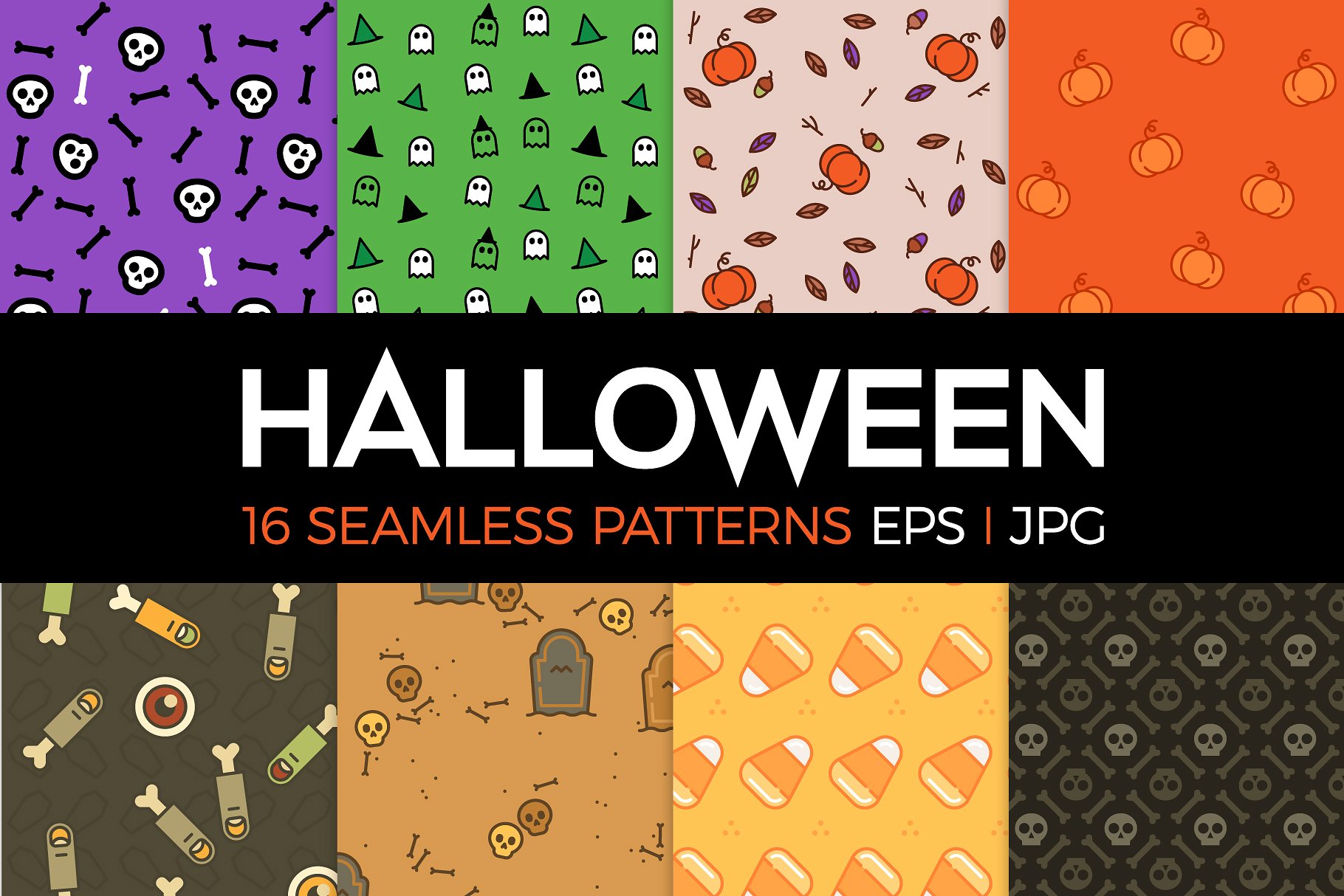 16款万圣节主题风格图案印花设计素材 16 spooky Halloween patterns插图