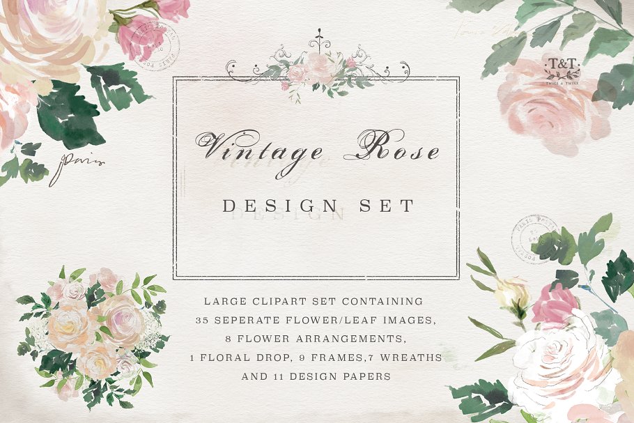 复古水彩玫瑰花卉剪贴画 Vintage Rose – Flower Clipart Set插图