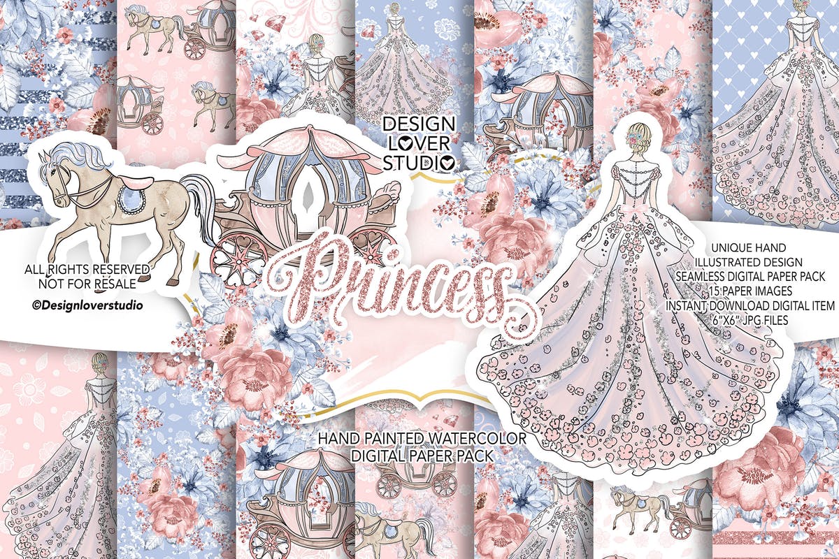 公主水彩花卉图案/剪贴画设计套装 Princess digital paper pack插图