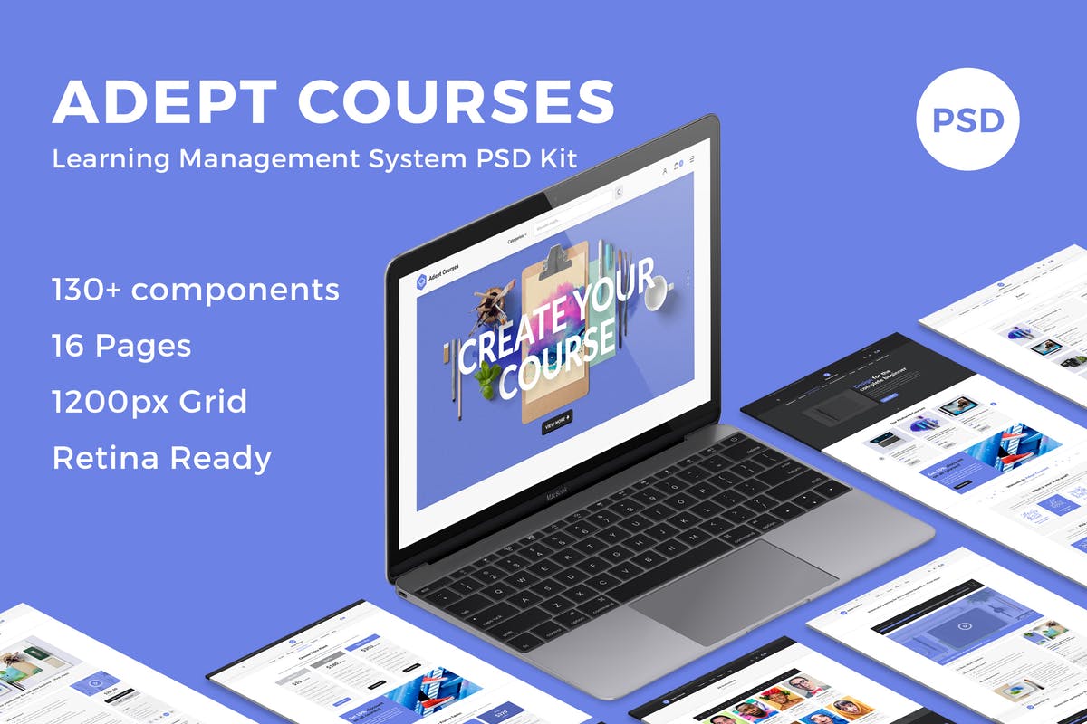 在线学习系统官网设计PSD模板 Adept Courses – Learning Management System PSD Kit插图