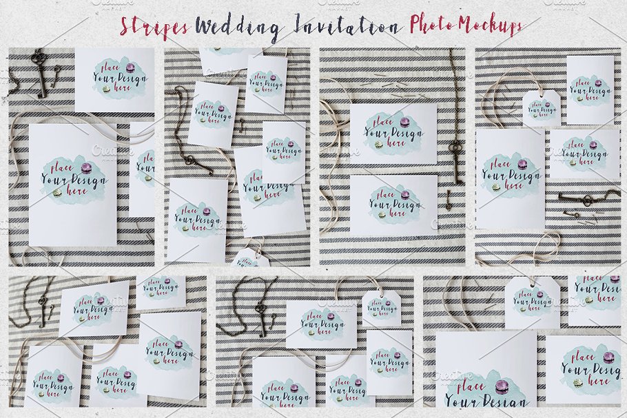 条纹风格婚礼设计物料样机模板 Stripes Wedding Invitation Mockups插图(5)