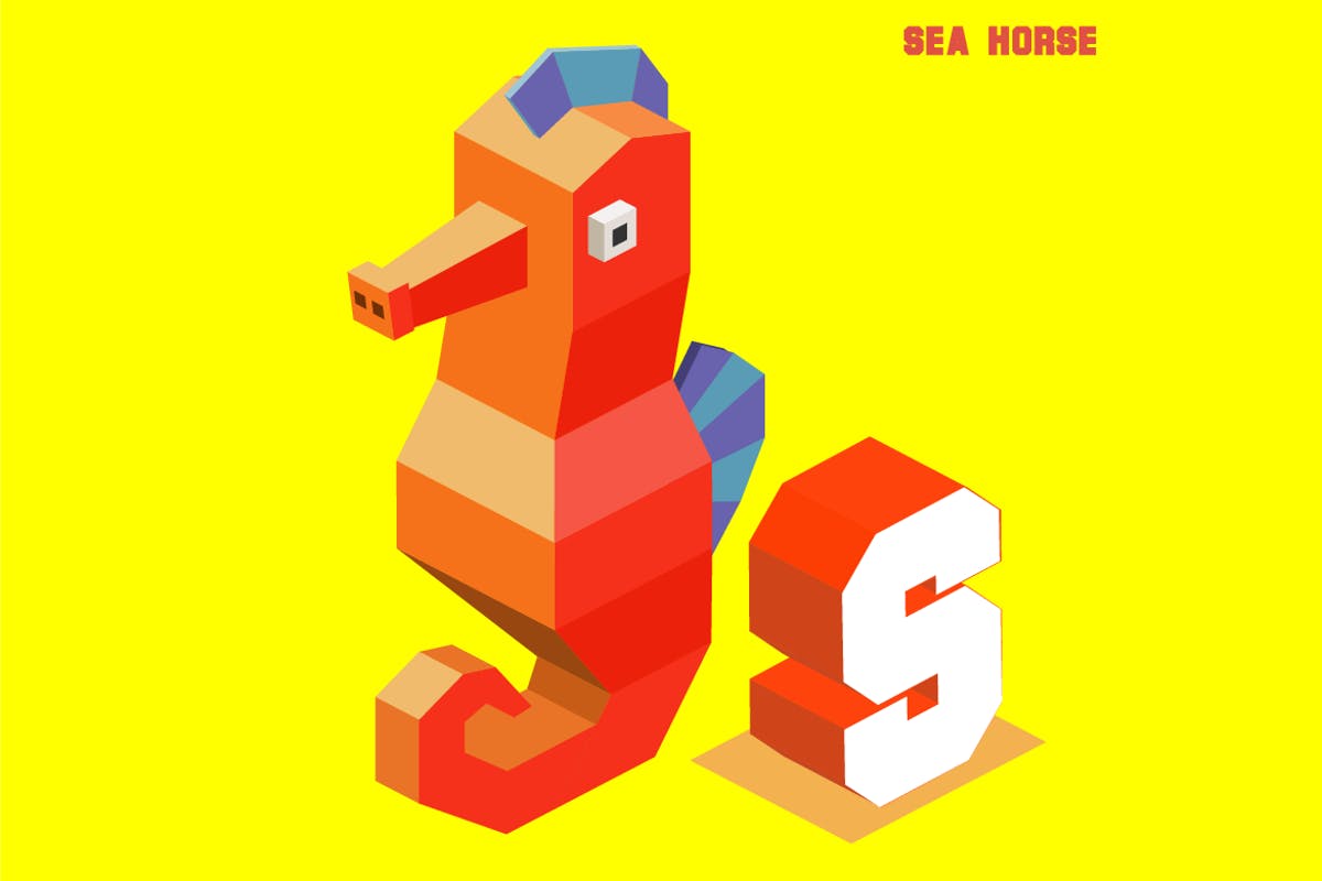 字母S&海马动物英文字母识字卡片设计2.5D矢量插画素材 S for sea horse, Animal Alphabet插图
