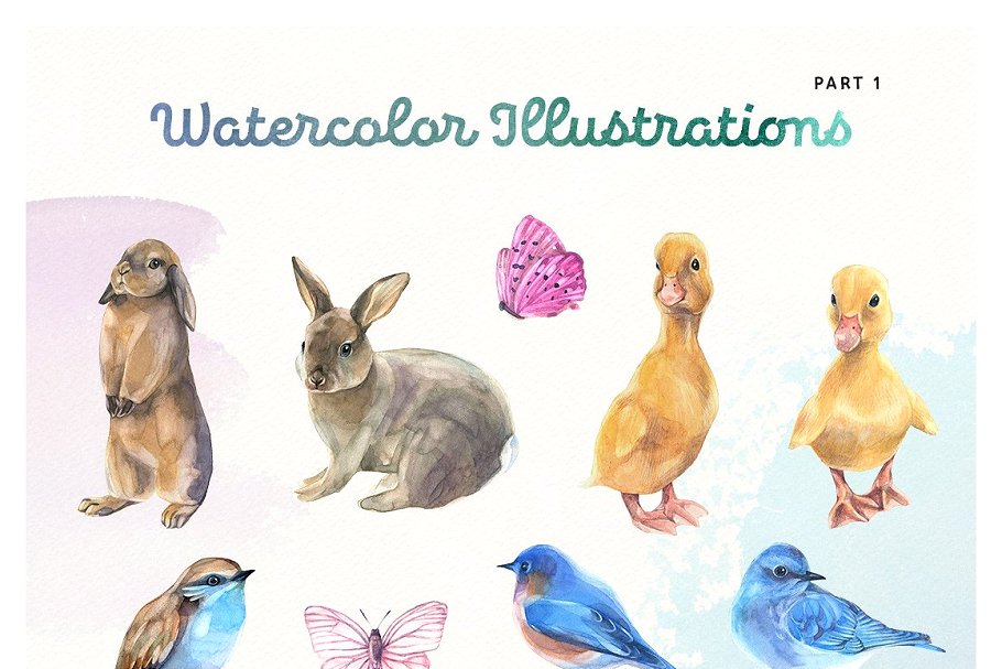 夏日水彩植物动物矢量图形+水彩花卉纹理 Summer Watercolor Motives Set插图(1)
