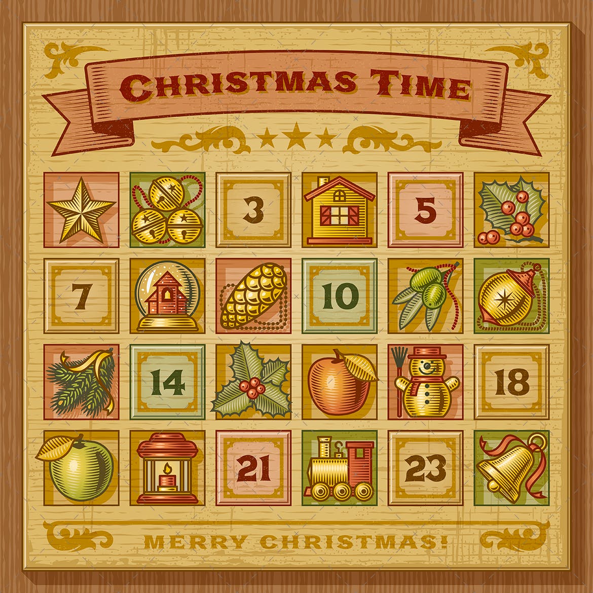 复古木刻风格圣诞节主题日历设计模板 Vintage Christmas Advent Calendar插图1