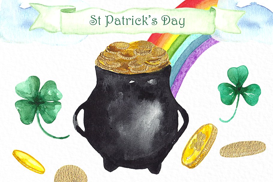 圣帕特里克节主题水彩剪贴画 St Patrick’s day. Watercolor clipart插图2