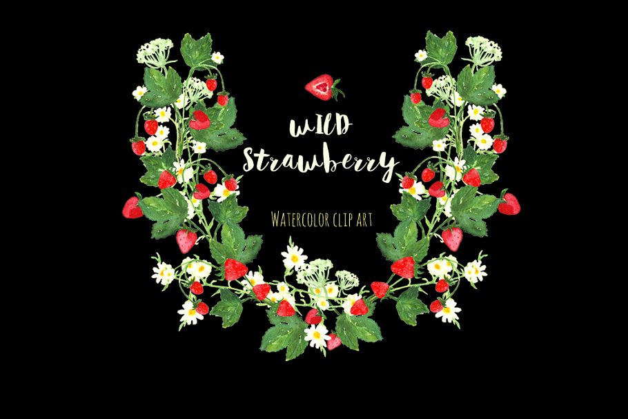 浪漫手绘野草莓水彩剪贴画 Wild strawberry watercolor clipart插图(1)