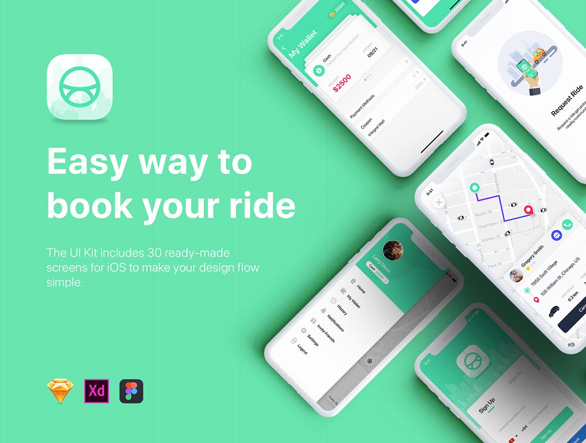 类Uber&滴滴出行叫车APP应用UI设计套件SKETCH模板 ABER – Taxi Booking App UI Kit for Sketch插图(1)