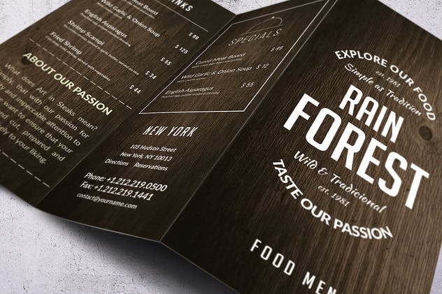 复古木纹三折页食物菜单设计模板 Rain Forest Trifold A4 & US Letter Menu插图4
