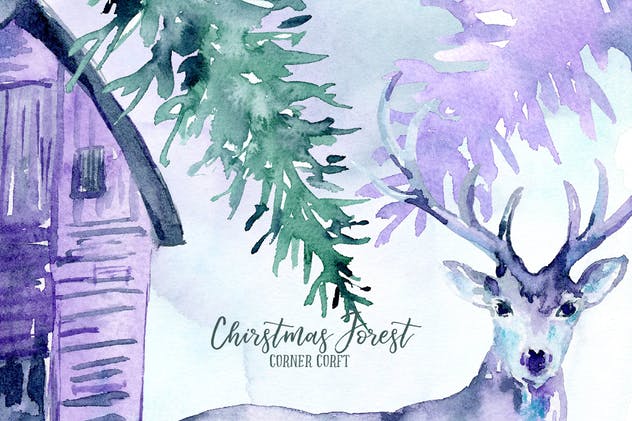 水彩圣诞森林插画合集 Watercolor Christmas Forest插图3