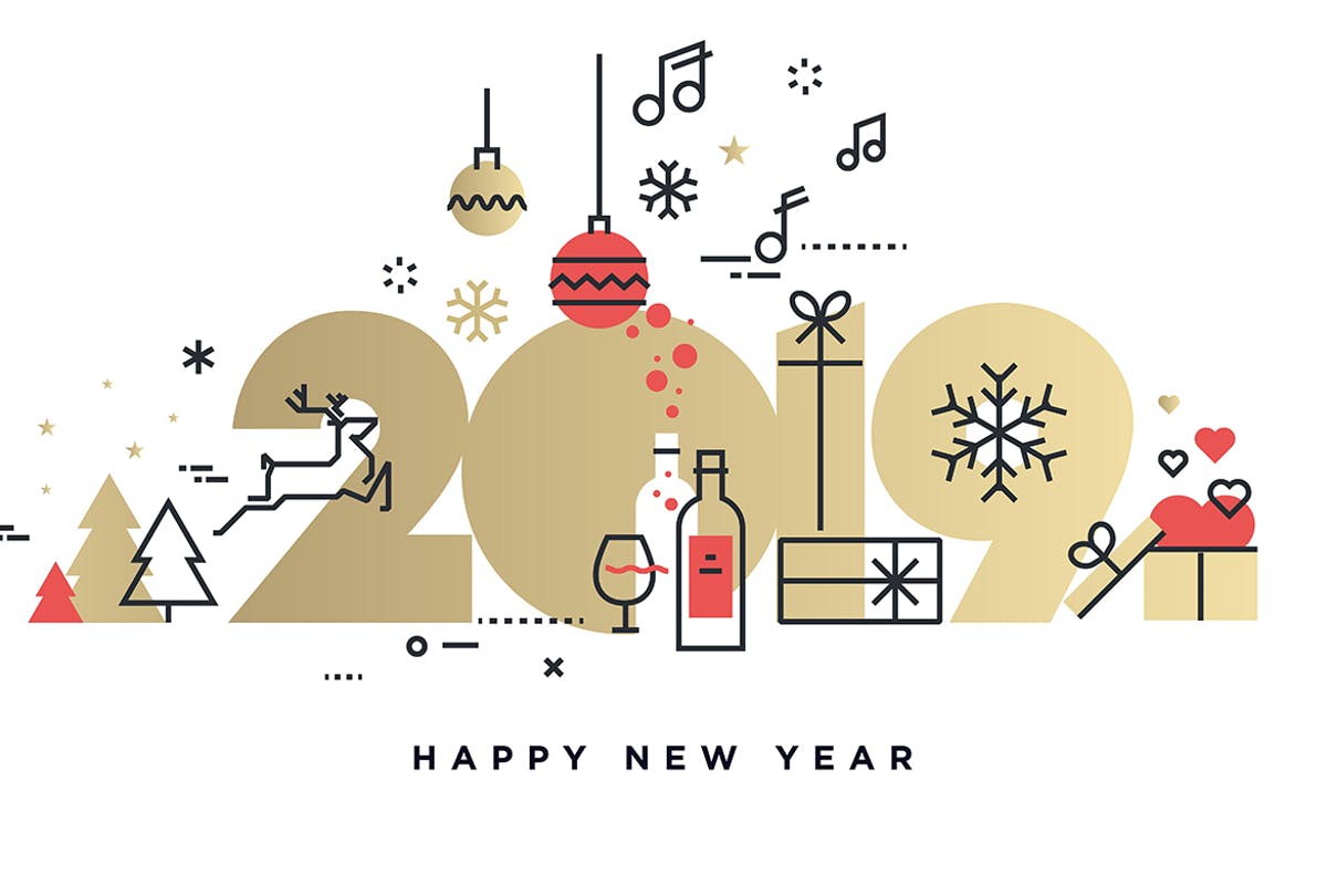 2019年渐变色字体新年贺卡海报设计模板[白色背景] Happy New Year 2019插图