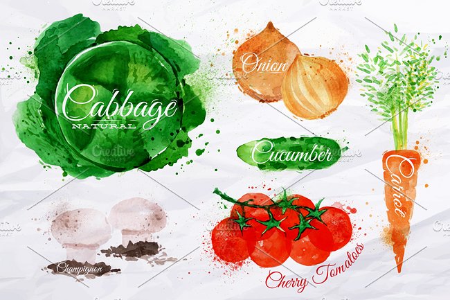 常见蔬菜水彩剪切画素材包 Vegetables Watercolor插图(1)