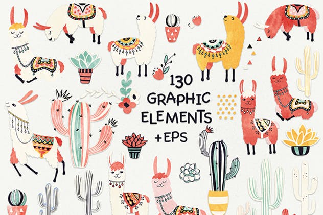 美洲驼和仙人掌水彩剪贴画&纹理 Llamas and Cacti插图(1)