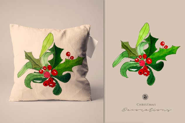 圣诞装饰绿色花环水彩插画素材 Watercolor Christmas Decorations插图3