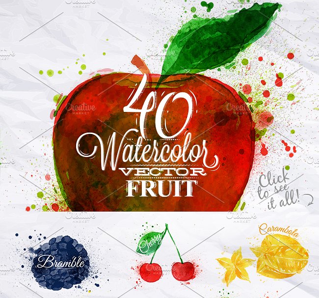 各种水果水彩剪贴画 Fruit Watercolor插图