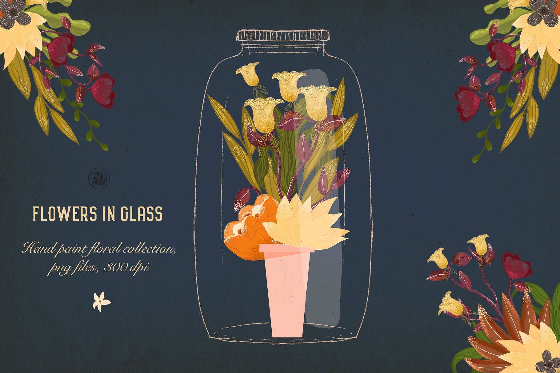 时尚逼真花卉玻璃罐插画艺术 Flowers in Glass插图