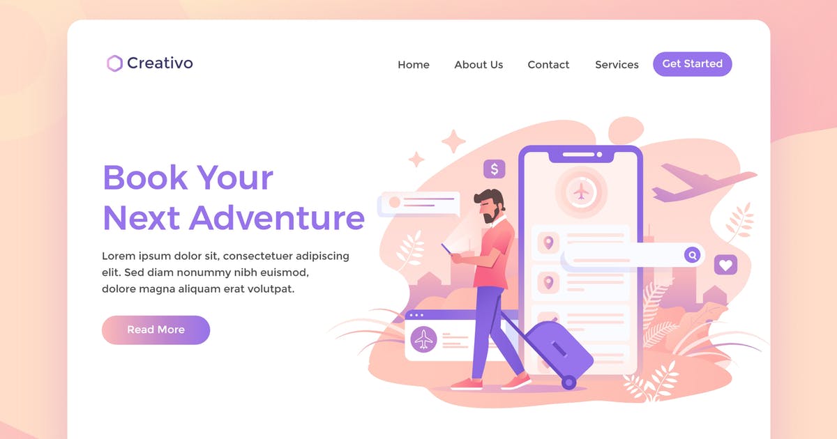 旅行出行机票预订服务场景插画着陆页设计模板 Book Your Next Adventure, Traveling Landing Page插图