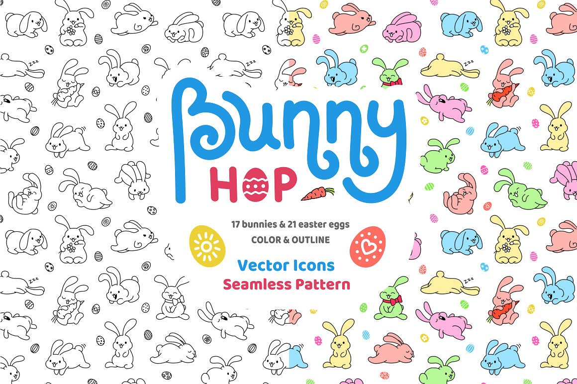 兔子跳图标及复活节彩蛋纹理素材集合 Bunny Hop Icons And Seamless Pattern插图