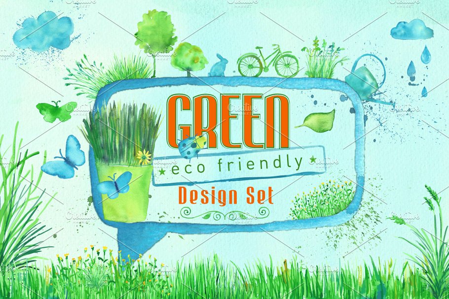 绿色主题水彩设计AI笔刷素材包 Green Design Set插图