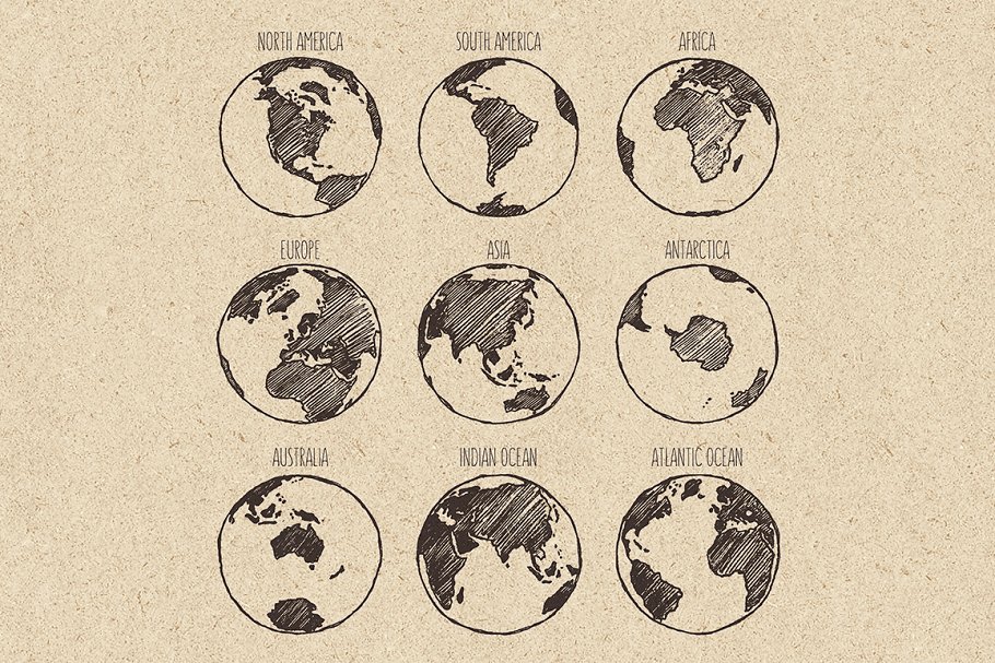 地球七大洲四大洋素描图形 Sketches of the globe插图1