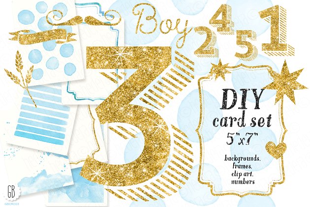 金箔贺卡设计元素素材集 DIY birthday card set, baby boy插图