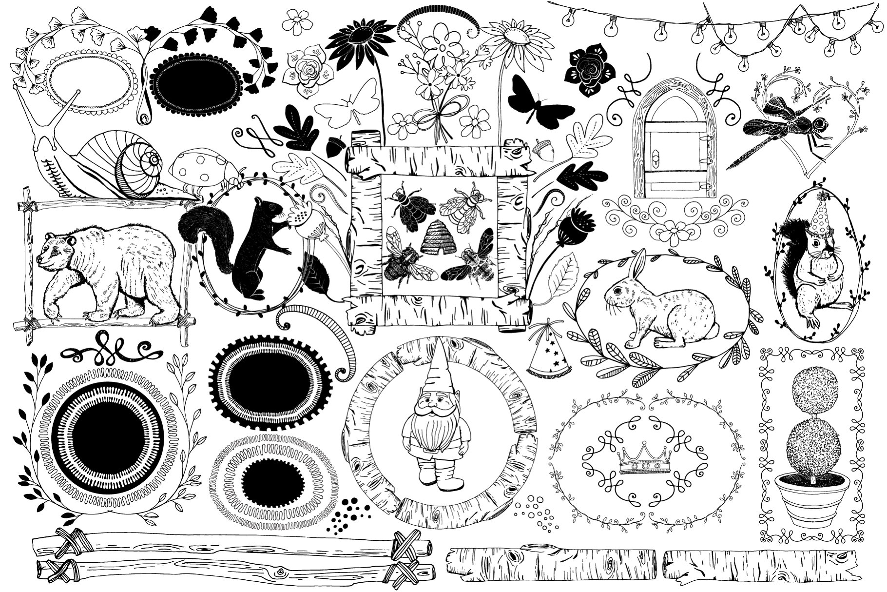 森林动物异想天开花园手绘设计元素 Woodland Animals Whimsical Garden插图3